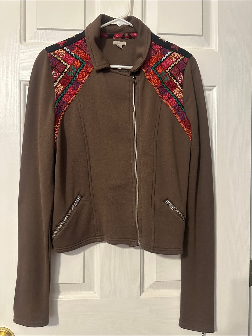 Ecote Brown Women's Zip-Up Jacket with Multicolor Embroidered Shoulders